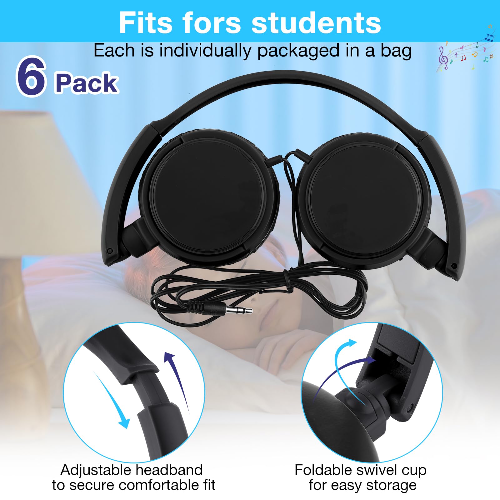 Yunsailing Lot de 6 casques de classe filaires en vrac pour l'école avec écouteurs réglables emballés individuellement (noir)