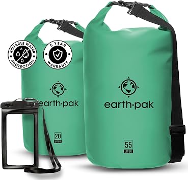 Earth Pak Waterproof Dry Bag - Roll Top Waterproof Backpack Sack Seafoam Green 55L & 20L