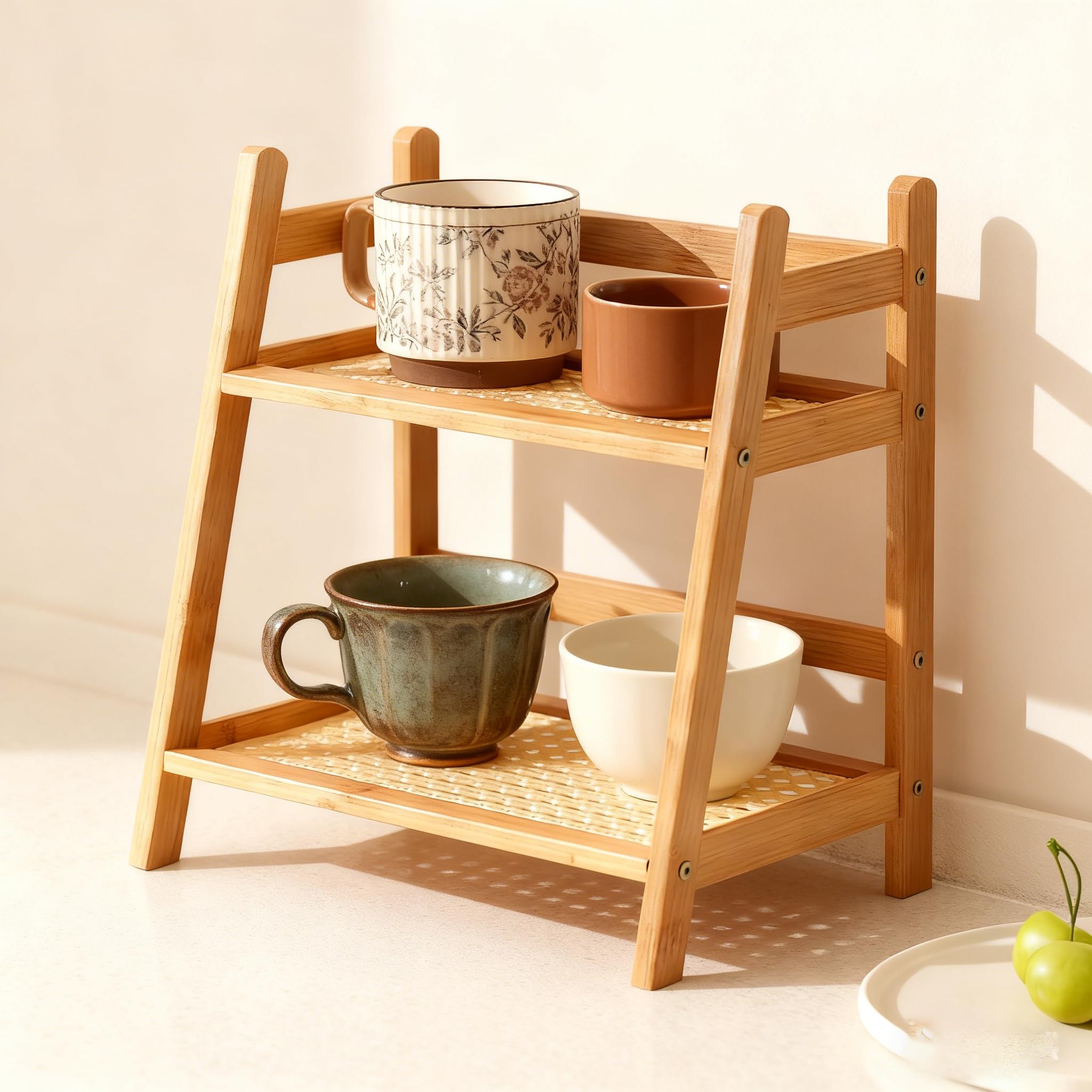 Wicker-Look 2-poziomowy stojak do przechowywania herbaty i kawy – stylowe kuchenne półki na szafki z naturalnego drewna, 26,5 x 18 x 28,5 cm, oszczędność miejsca, do domu i kawiarni
