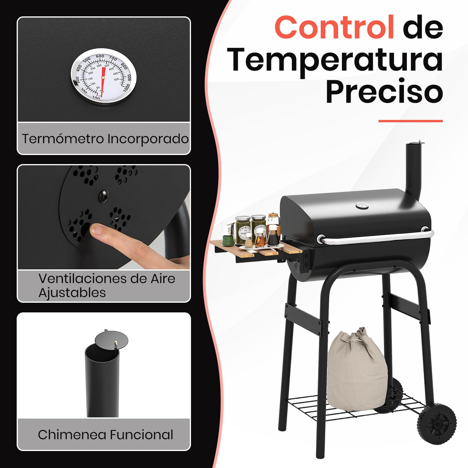 GOPLUS Parrilla de Carbón Portátil, Barbacoa al Aire Libre con Termómetro y Mesa Lateral Plegable, Estante de Almacenamiento y Ruedas para Patio Jardín Camping Picnics
