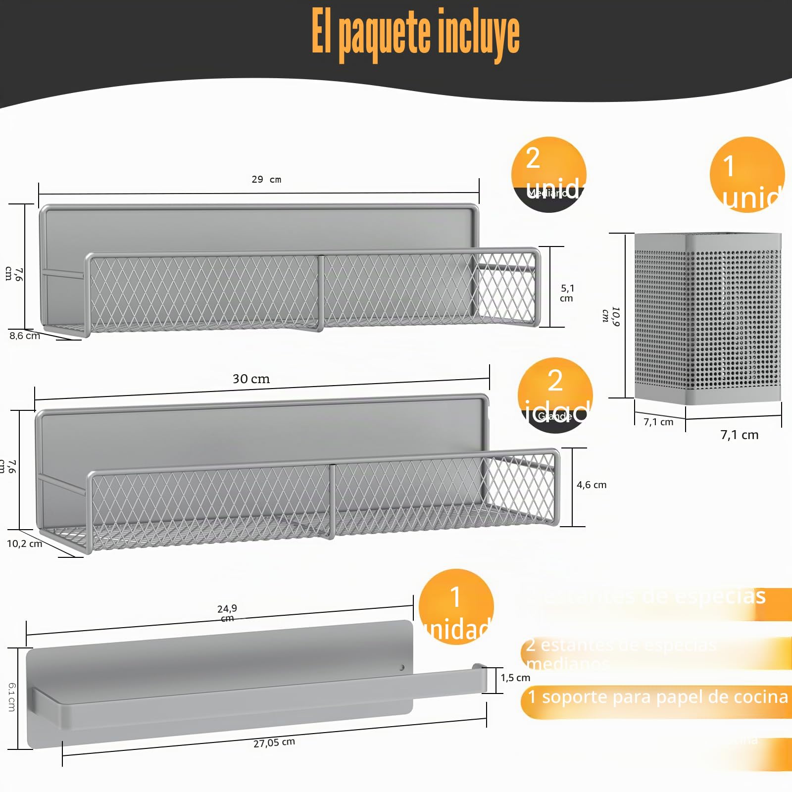 Especiero magnético para refrigerador, 6 estantes magnéticos, 100 % metal, compacto, organización y almacenamiento para el hogar, cocina, lavandería, soporte para toallas, portautensilios (gris)