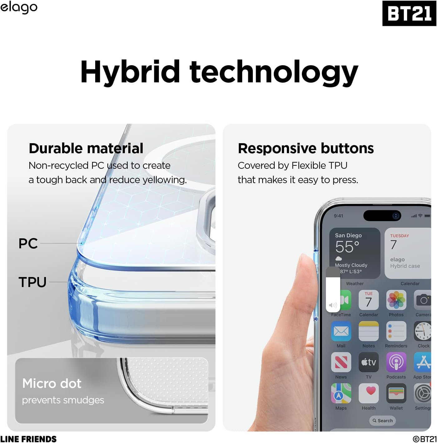 elago l BT21 Hope in Love Hybrid Case Compatible with iPhone 15 Pro Max 6.7 inch, Durable Full Body Protection, Raised Lip (Screen & Camera Protection) [Official Merchandise] Multicolor