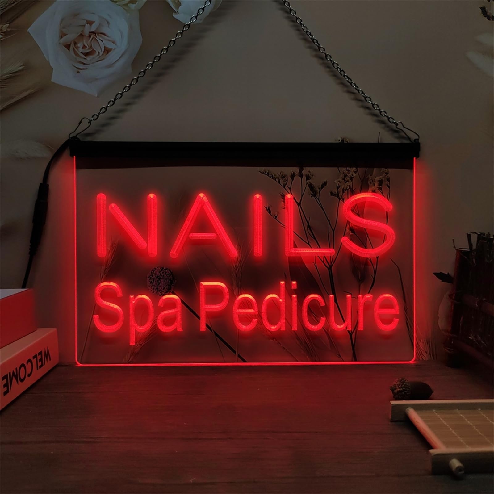 KEYQEEN Nails Spa Pedicure LED Neon Sign, Beauty Salon 3D Carving Neon Lights for Business Room Wall Decor USB Luminous Signs,Red,60x40cm