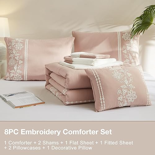 Miniatura 7 de MAIREVE - Juego de edredón rosa de 7 piezas con almohada decorativa, juego de edredón bordado floral tamaño King, cama para todas las estaciones en