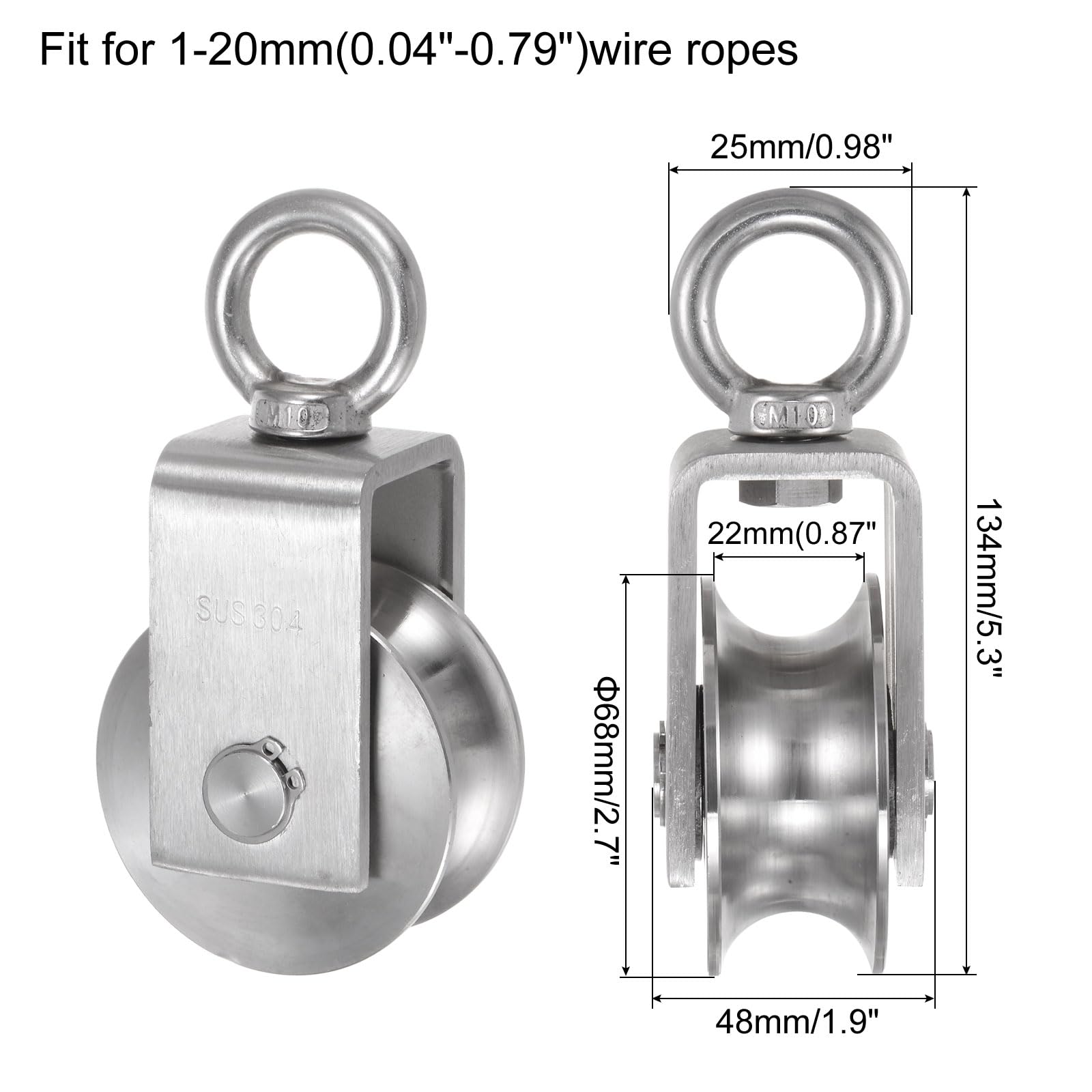 uxcell Rueda de polea de acero inoxidable 304, M68 U tipo dúplex, polea de cable para sistema de polea, carga de gimnasio de 2000 libras