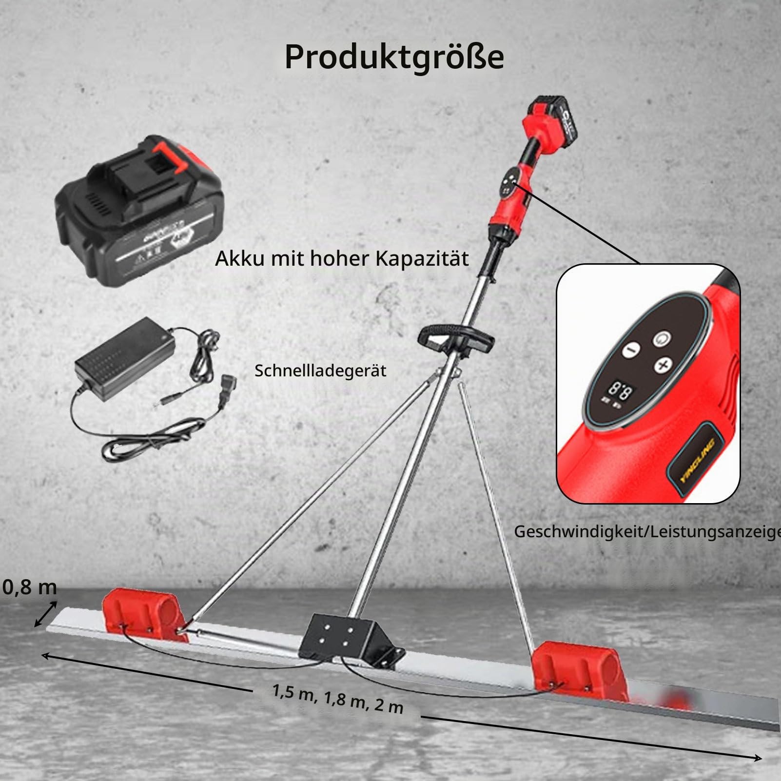 Elektrischer Estrich Zement Nivelliermaschine, Power GläTtekelle Vibration Beton, Mit 9 Geschwindigkeit Einstellung, FüR StraßEnbau 2*Battery-1.5M