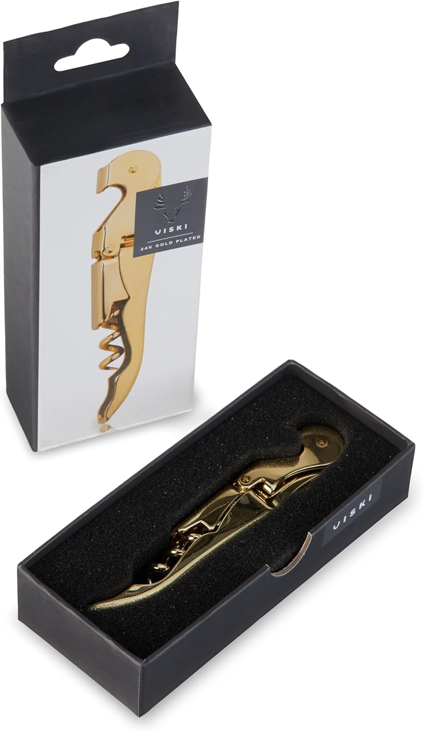 Viski 24k Gold Plated Signature Double Hinged Waiter's Corkscrew Wine Opener, Stainless Steel with Built-in Bottle Opener & Foil Cutter for Home Bar, Kitchen, Travel, Gifts for Wine Lovers, Set of 1