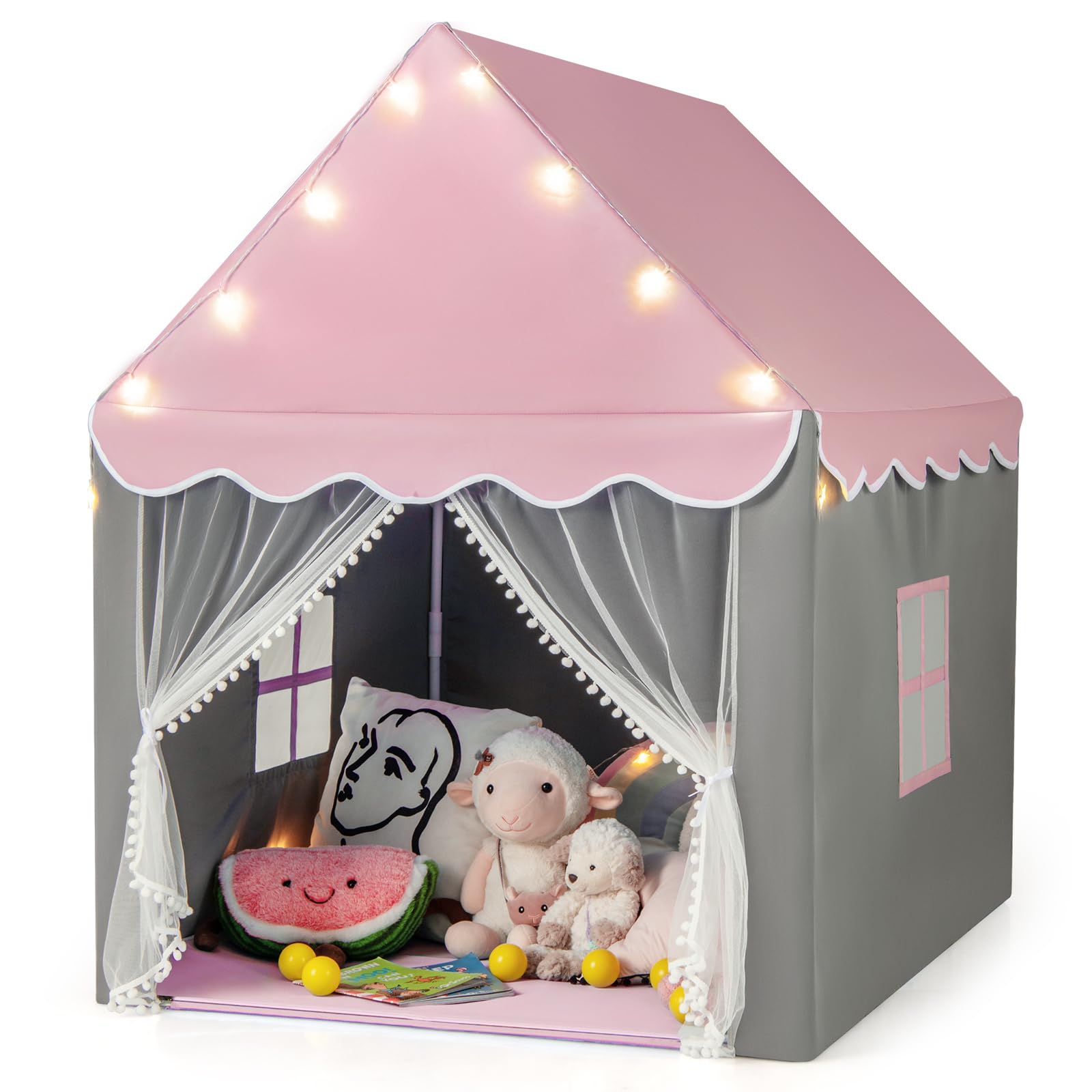 COSTWAY Kinderspielhaus mit Sternenlichter, Prinzessin Prinzess Kinderzelt mit Fenster & Matte, Spielzelt mit doppeltem Vorhang, Kinderspielzelt, Kinderspielburg für Jungen und Märchen (Rosa)