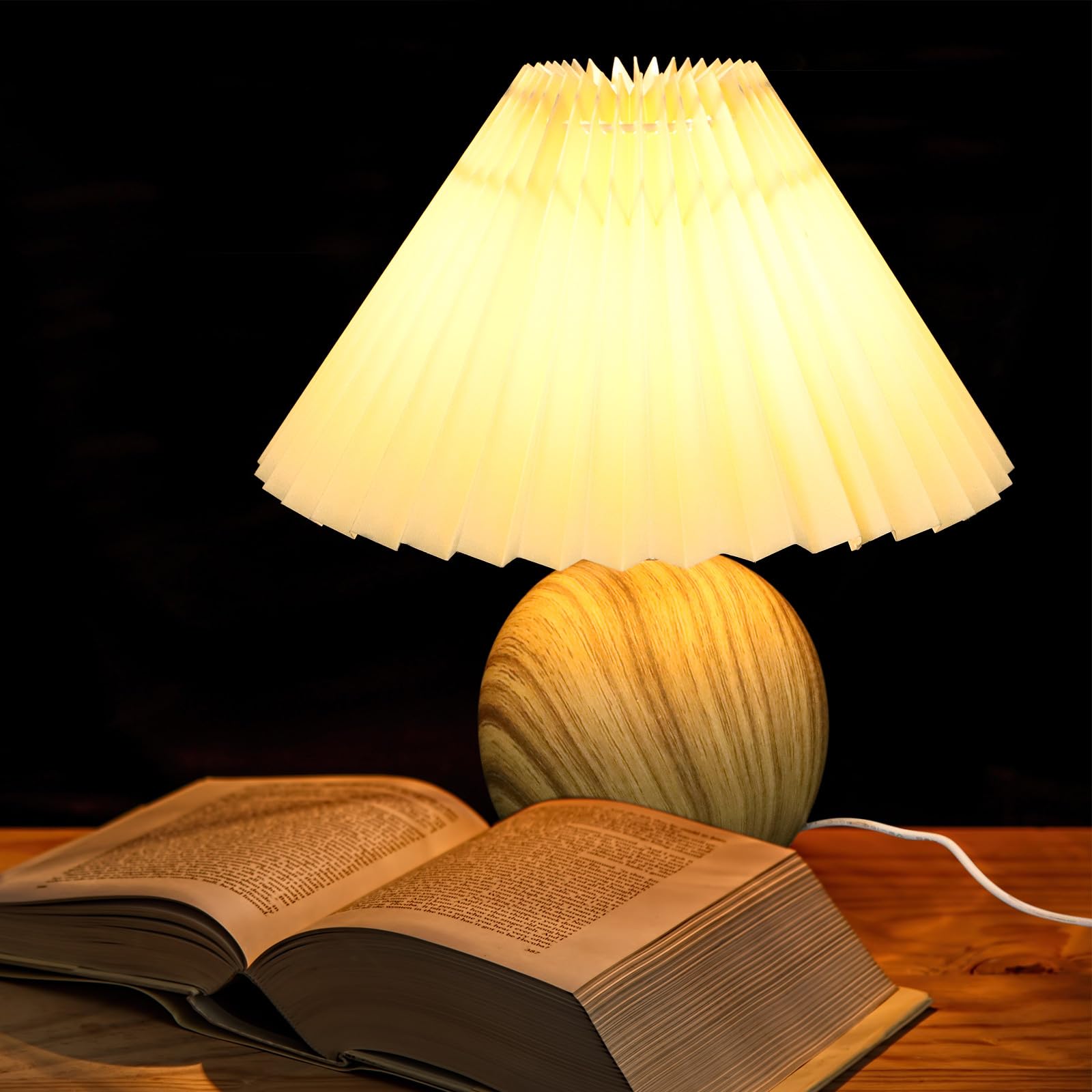 SHINEOFI Lampada da Tavolo Dimmerabile Paralume Plissettato e Base in Venature del Legno, Porta USB Integrata per Camera da Letto e Soggiorno, Luce Regolabile Continua per Lettura e Relax