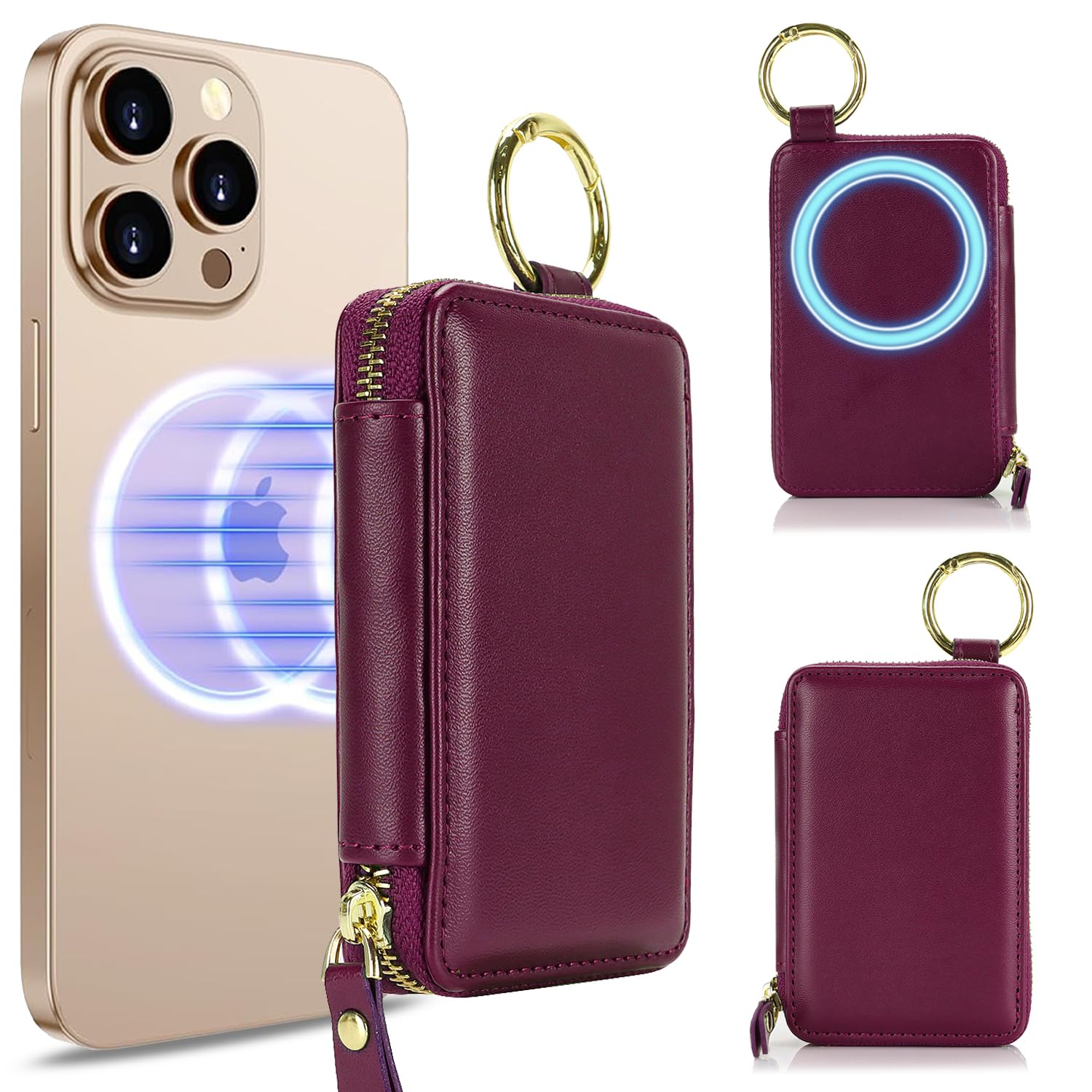 Compatible with MagSafe Wallet,Magnetic Phone Wallet Card Holder for iPhone 18/17/16 Pro Max/15 plus/14 Pro/13/12 Series,PU Leather Zipper Pocket Adjustable Stand-Rose red