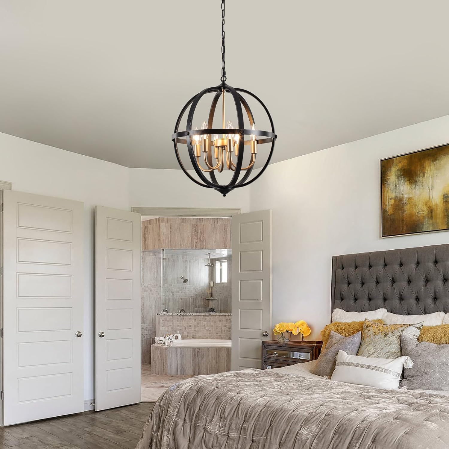 6-Light Black and Gold Chandelier, Orb Chandelier 17.12'' Metal Industrial Globe Pendant Light, Modern Farmhouse Adjustable Hanging Ceiling Light Fixtures for Kitchen, Dining Room, Foyer