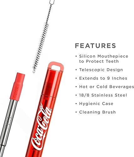 Miniatura 5 de ZOKU Coca-Cola - Pajita de bolsillo reutilizable, popote telescópico de acero inoxidable con boquilla de silicona, ajustable a 9 pulgadas, juego de 2