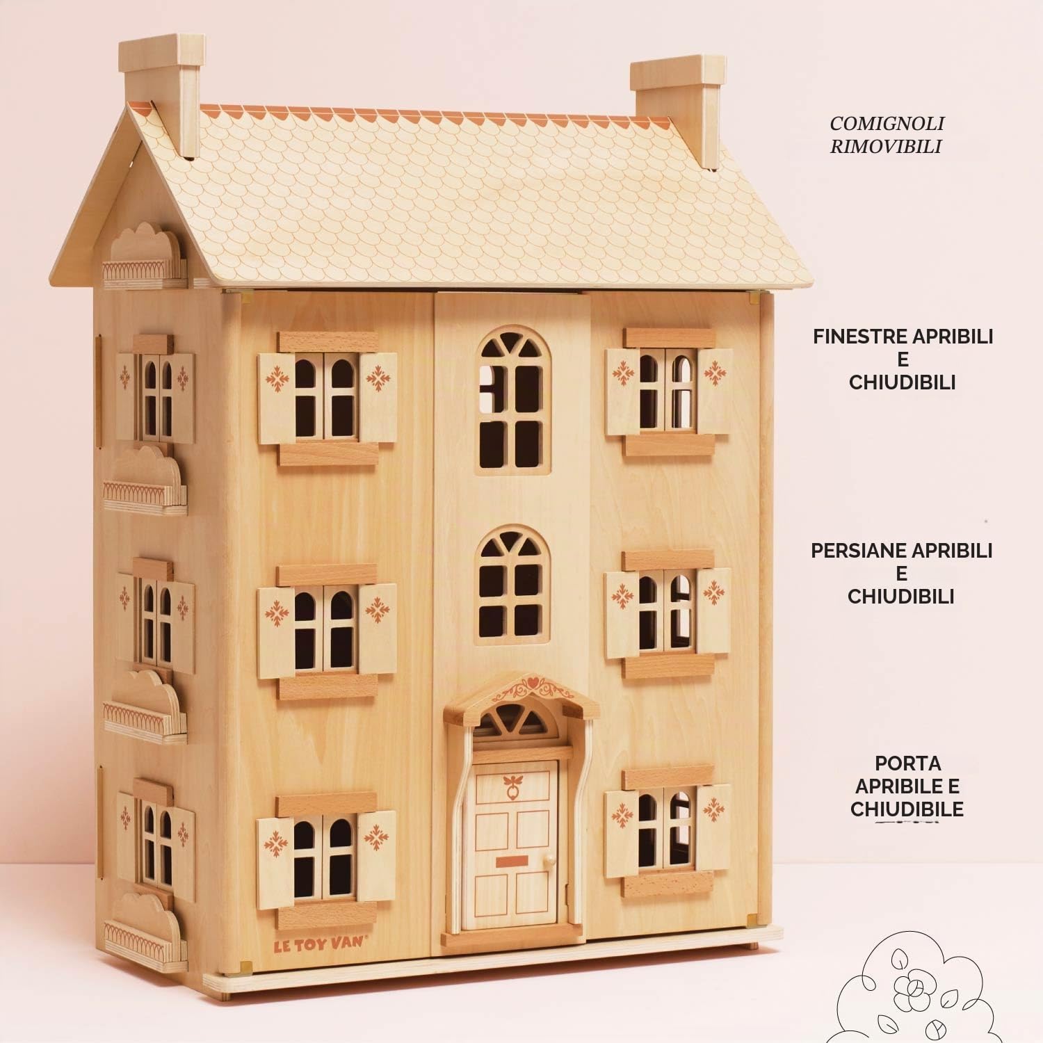 Casa delle Bambole in Legno Naturale FSC - 4 Piani con Finestre e Porte Apribili - Gioco di Ruolo e Fantasia per Bambini