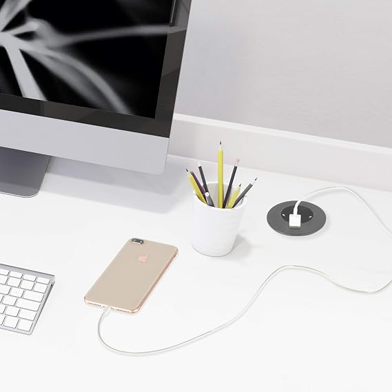 Electraline 62558 Socket Table Top Grommet: Recessed Desk Socket with USB Fast Charge 2.A and Standard Cable Grommets Diameter 60 mm (Table Installation Socket Schuko) Cable 2 m