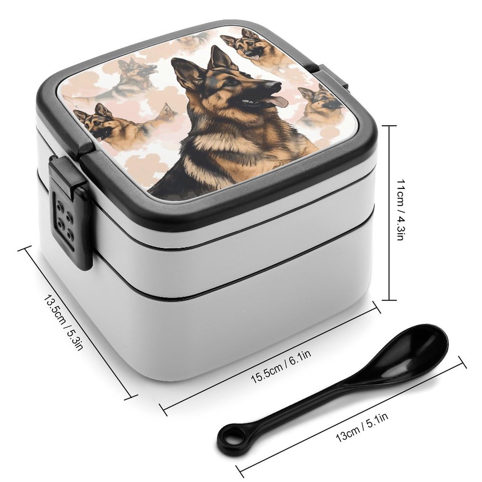 GFLFMXZW German Shepherd Dog Lovers Bento Box Adult Lunch Box All-in-One Lunch Containers with Removable Compartments Double Layer Bento Lunch Box with Spoon And Handle Stackable Lunchbox