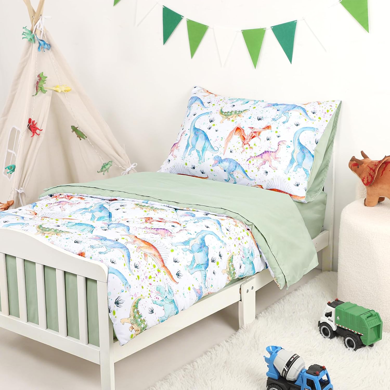GFU 4 Piece Toddler Bedding Set, Ultra Soft and Breathable Toddler Comforter Sets for Goys Includes Quilted Comforter, Fitted Sheet, Flat Sheet and Pillowcase, Colorful Dinosaur - Image 6