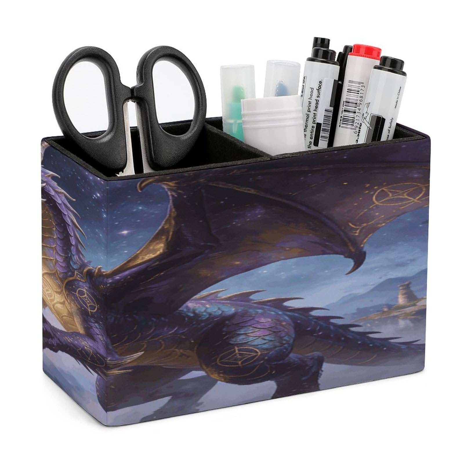 LZQPOEAS Fantasy Dragon Pen Holder Double Compartments Pen Cup Makeup Brush Holders Leather Pencil Holder Locker Organizer for Work Locker Accessories Modern Pencil Cup for Desk