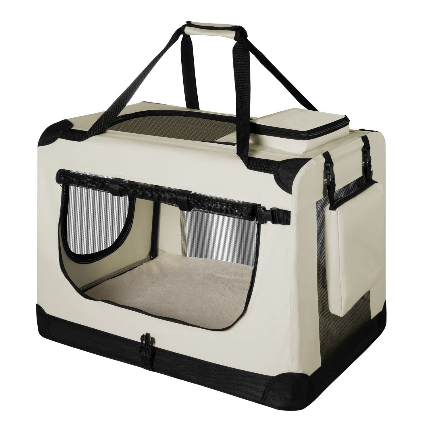 Juskys Caisse de Transport Pliable pour Chiens Lassie XL (Beige) - 58 x 82 x 58 cm - Avec Couverture, Poche & Poignées - En Tissu
