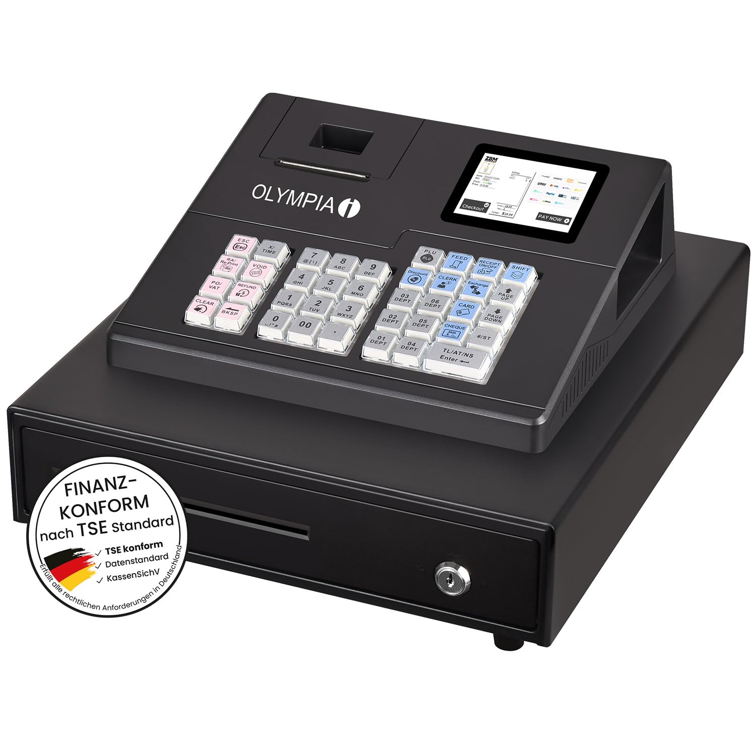Olympia K100 Registrierkasse – Android 11, 58 mm Thermodrucker, LED-Kundenanzeige, 4,3 Zoll Display, 39-Tasten Hubtastatur, Grafisches Bonlogo, inkl. Kassenschublade