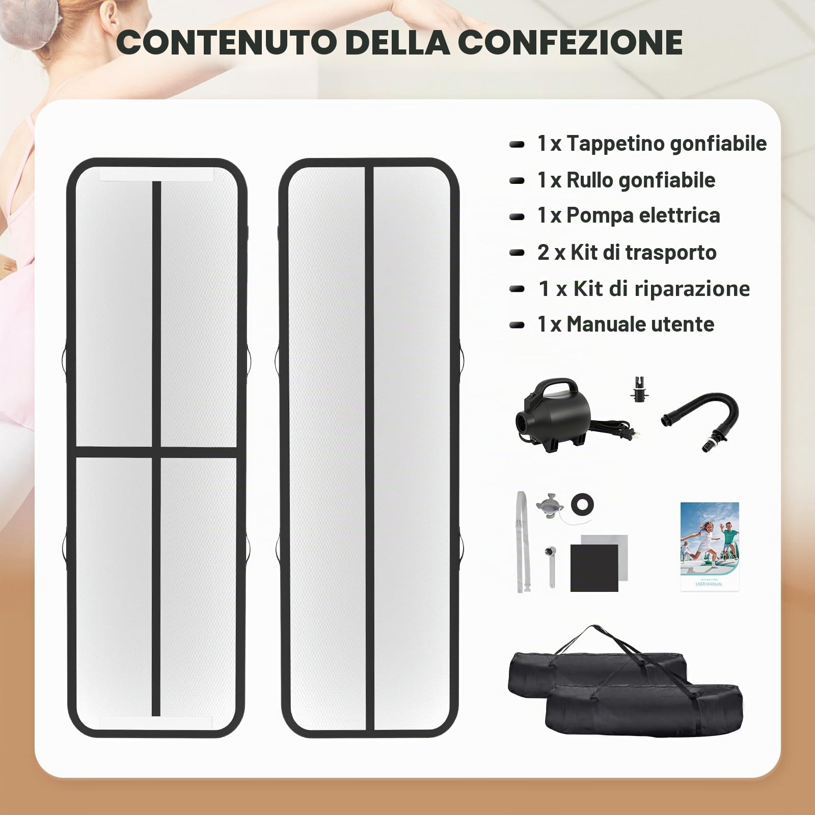 air roll ginnastica artistica con air roller,Tappeto da ginnastica da 10 cm premium con pompa ad aria | Pista per tumbling resistente 3 m/4 m con rullo gonfiabile 100x60 cm