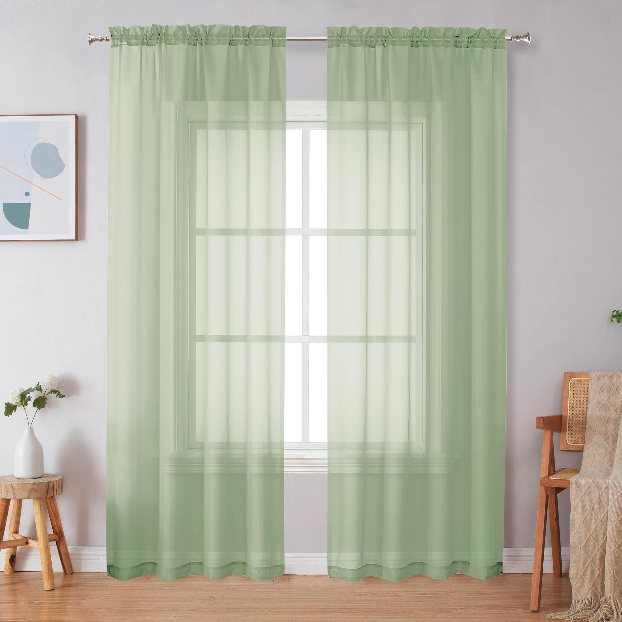 Simplebrand Light Green Sheer Curtains 84 Inches Long 2 Panels for Bedroom