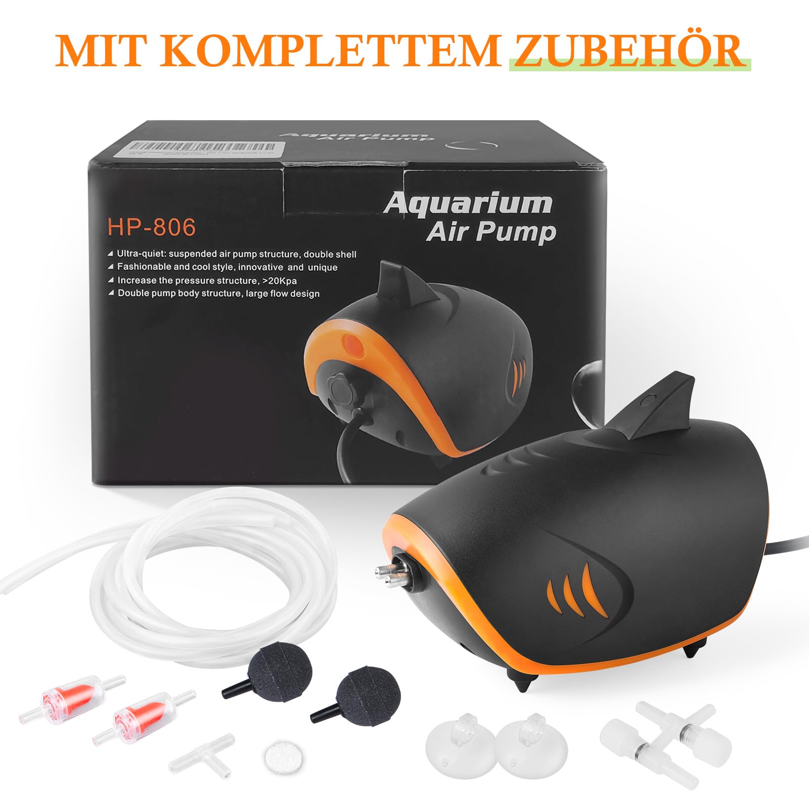 FEDOUR 3W 4W 5W 7W Leistungsstarke Aquarium Luftpumpe, 2-ausgänge Leise Aquarium Sauerstoffpumpe, Einstellbare Aquarium Belüfter Pumpe mit Allem Zubehör, für 1-700L Fish Tank