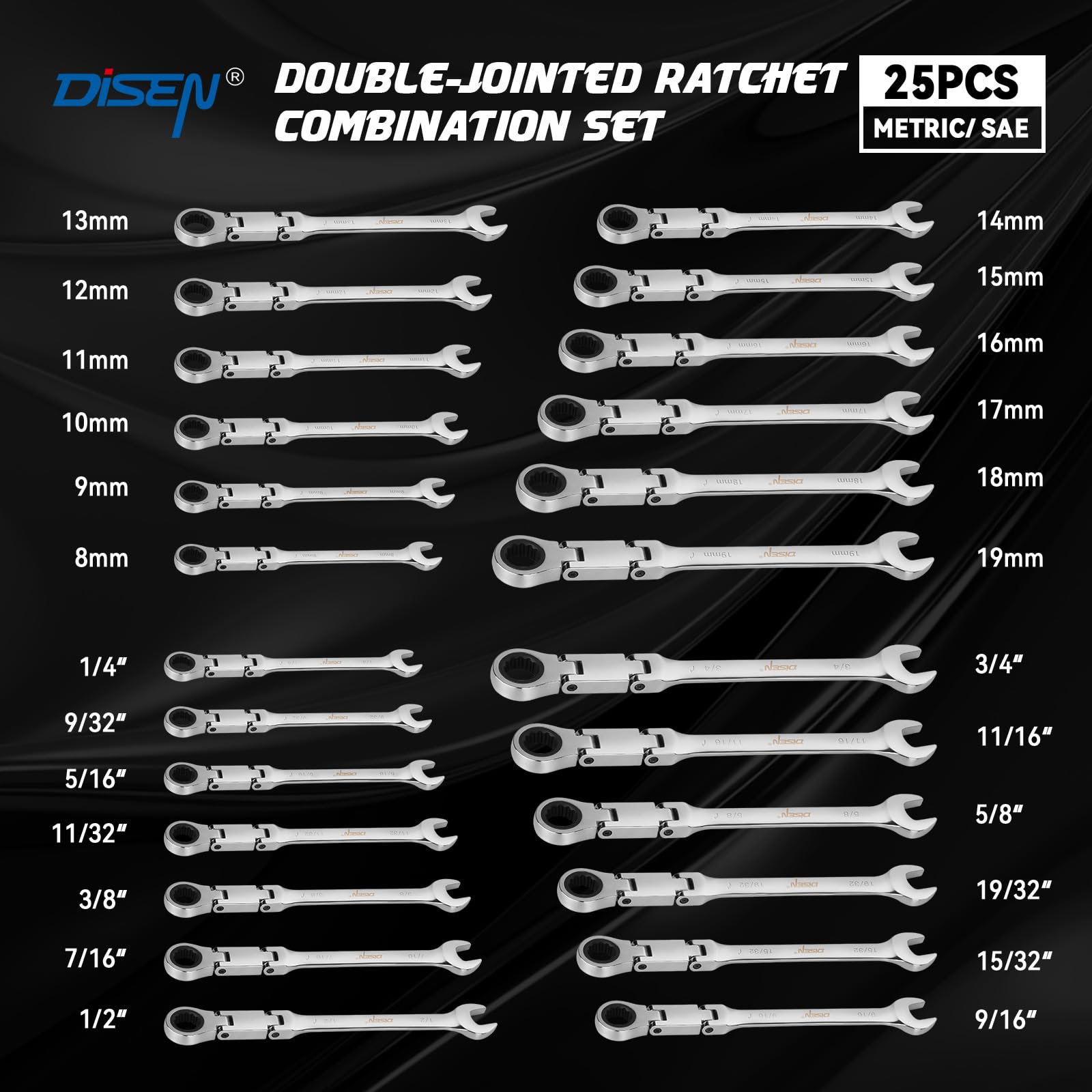 DISEN Ratcheting Wrench Set 25pcs, Flex Head Ratchet Wrenches Double Foldable, Metric 8-19mm and SAE 1/4'' -3/4'', 72-Teeth, Cr-V Steel,12 Point Combination Wrench set with Heavy Duty Case — Amazon image 6