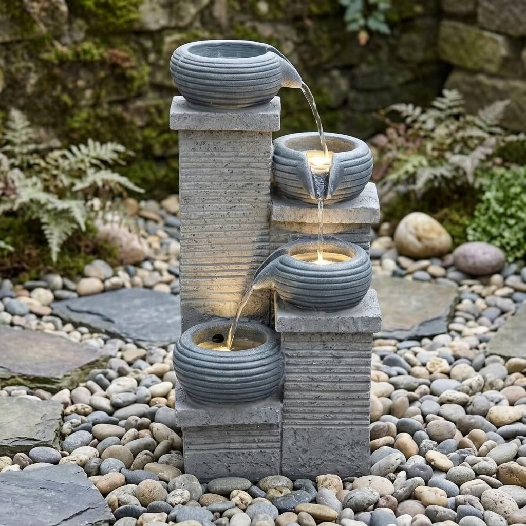 GYMAX Gartenbrunnen für außen, 4-stufiger Springbrunnen mit LED Beleuchtung