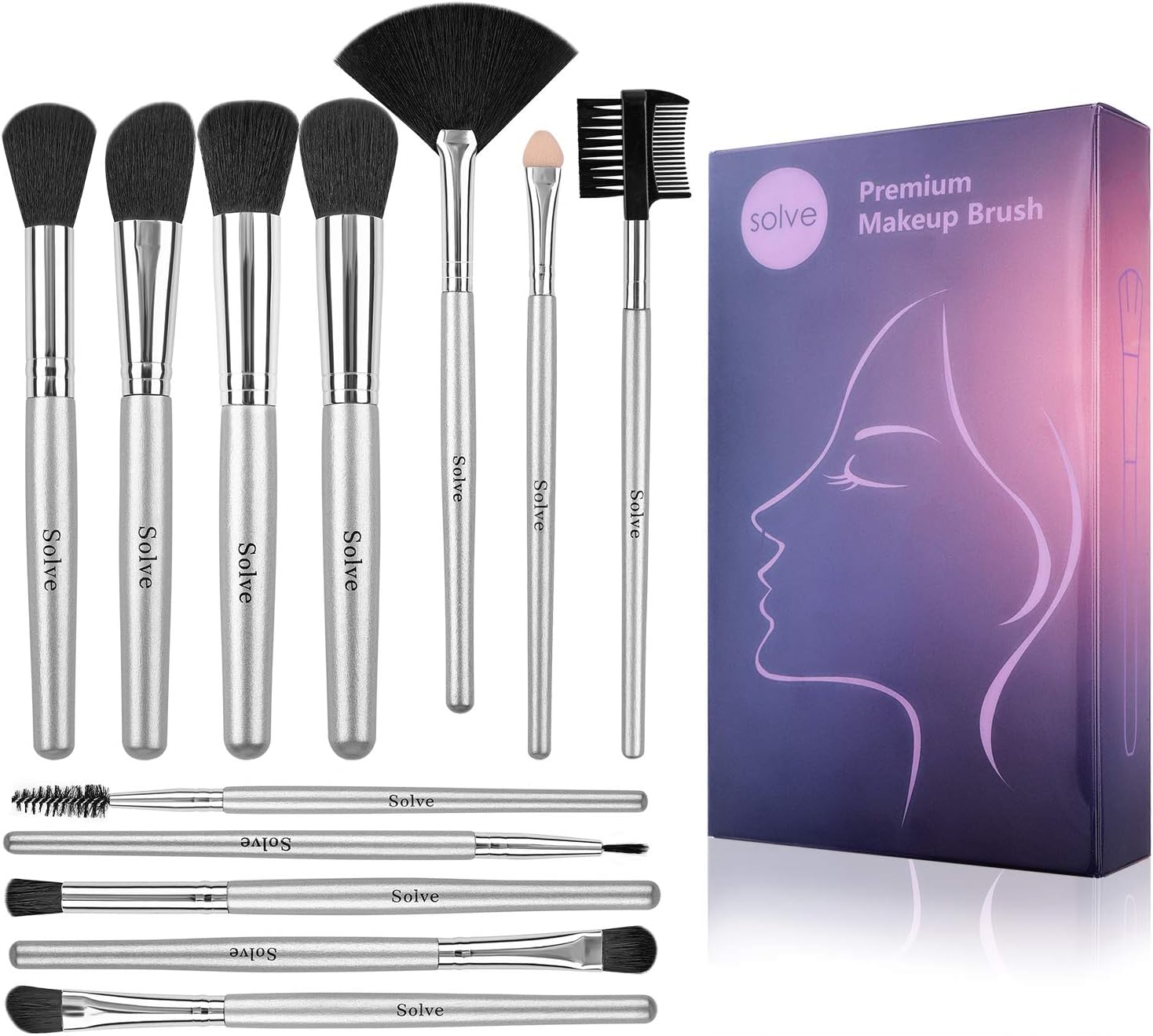 Makeup Brushes, SOLVE 12pcs Makeup Brush Set Premium Synthetic Silver Foundation Concealer Blending Eye Shadows Face Make up Brush Sets with Box