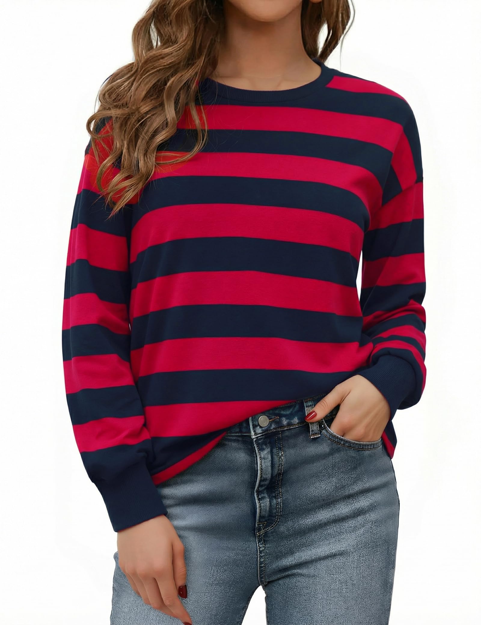 Aottori Sweatshirt Damen Oversized Pullover Gestreiftes Elegant Langarmshirt Rundhals Baumwolle Oberteile Langarm Locker Pulli Herbst Casual