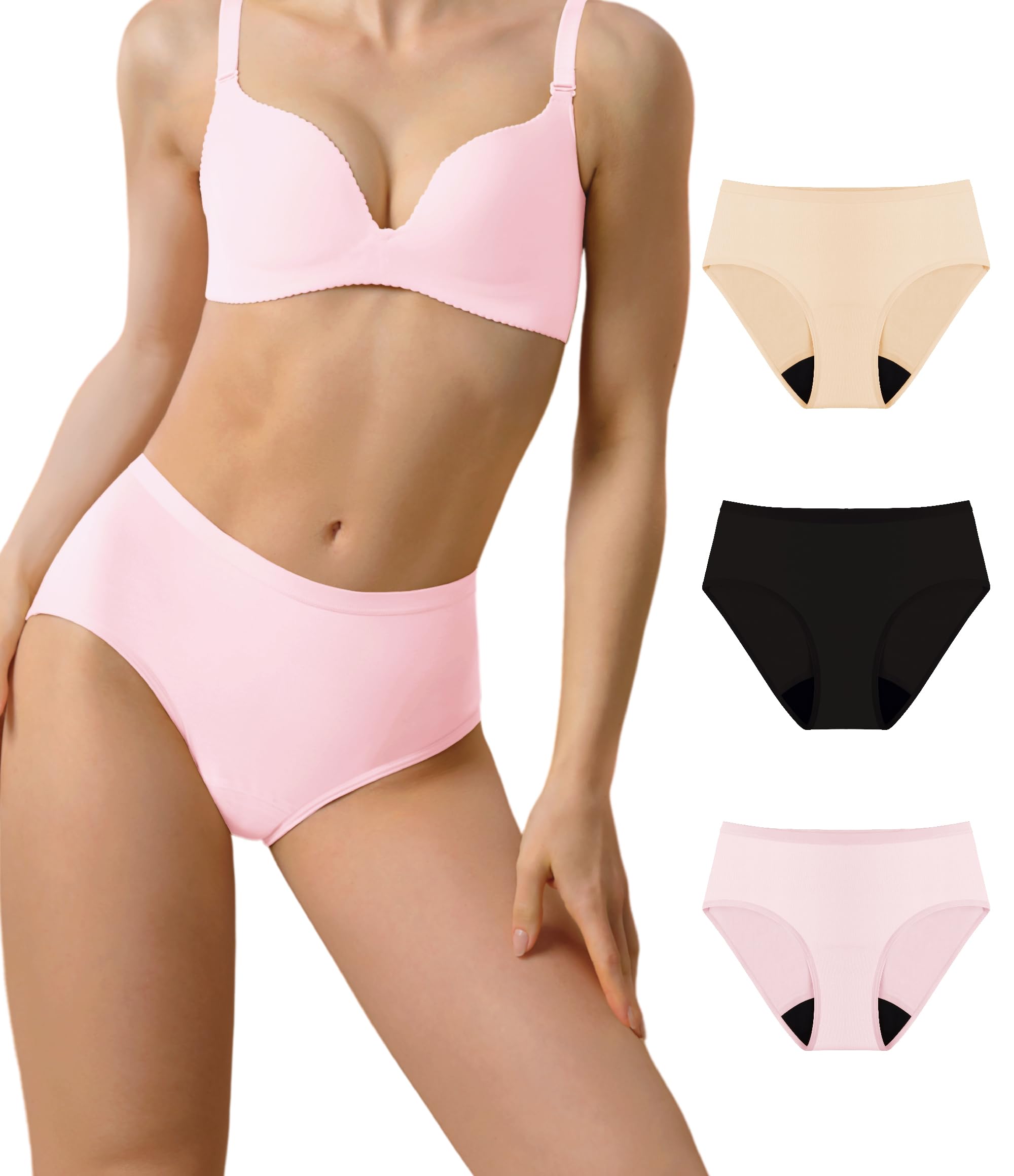 IRISMORII Adult Womens Incontinence Protective Underwear Washable Bladder Leak Proof Postpartum Panties 56ml Absorbency 3 Pack (Black-Skin-Pink, L)