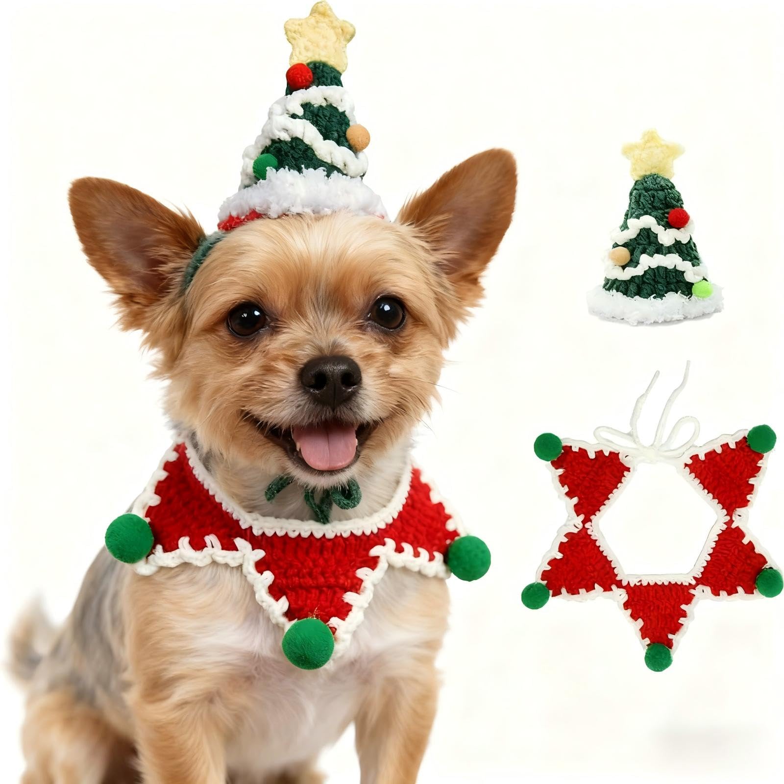 MITOCAPY Christmas Cat Costume,Handmade Dog Outfit with Christmas Tree Cat Hat,Knitted Dog Costume,Adjustable Fit Five-Pointed Star Clothes, for Dogs,