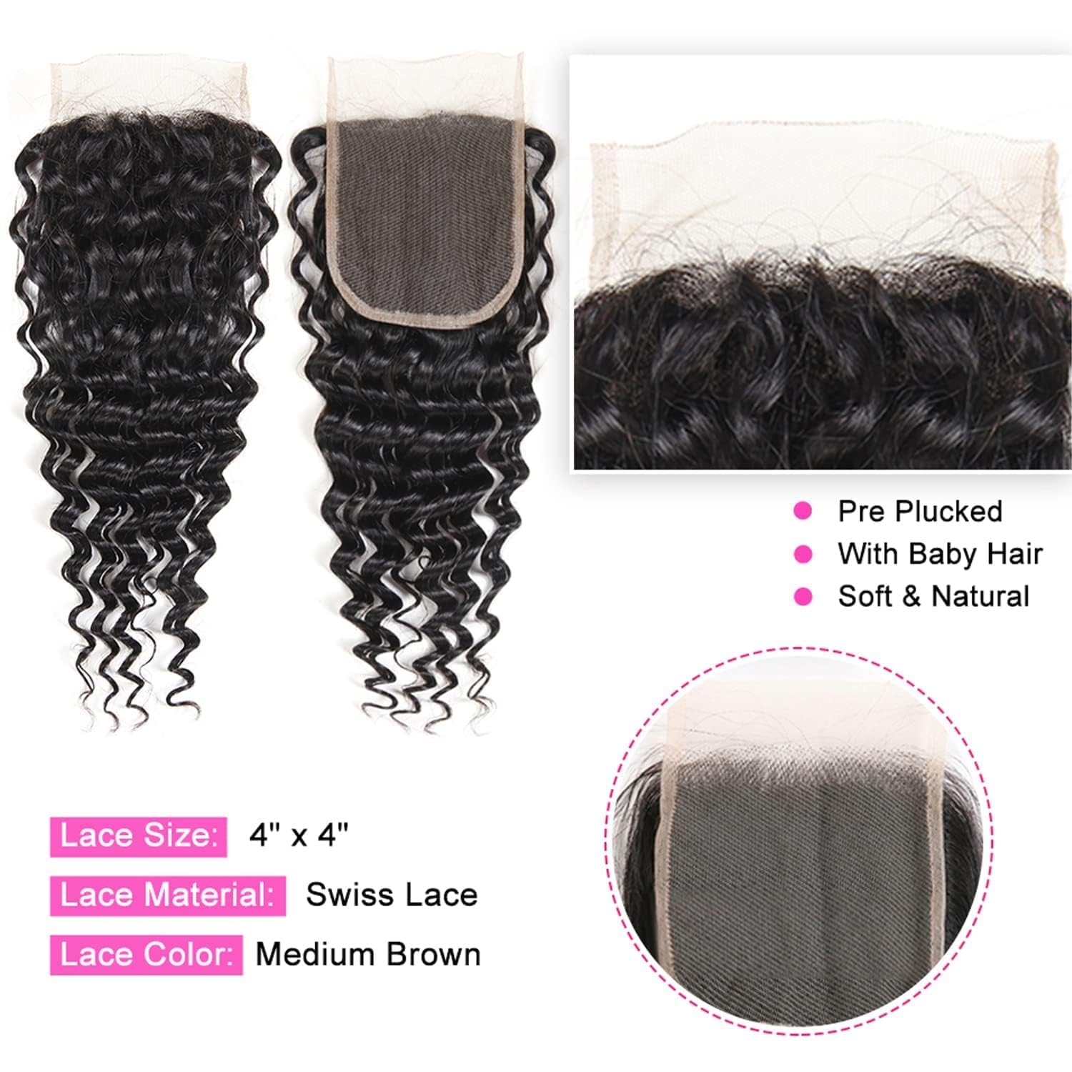 Sexycat Deep Curly Bundles with 4x4 Lace Closure Human Hair 16 18 20+14 Inch 100% Unprocessed Brazilian Virgin Hair Extensions Water Wave Weave Bundles with Middle Part Closure - Image 3