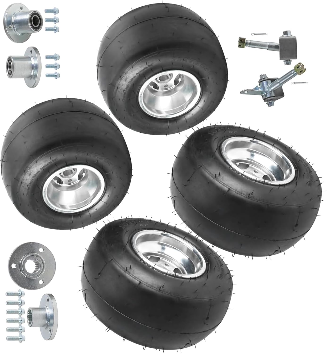 Complete Go Kart Slick Tire Kit 10x4.50-5 Front & 11x7.10-5 Rear Tubeless Tires with Aluminum Rims, Steering Spindles, Wheel Hubs & 23T Rear Axle Hubs for RacingDrift Trike Mini Bike Quad 3 Stud 50mm