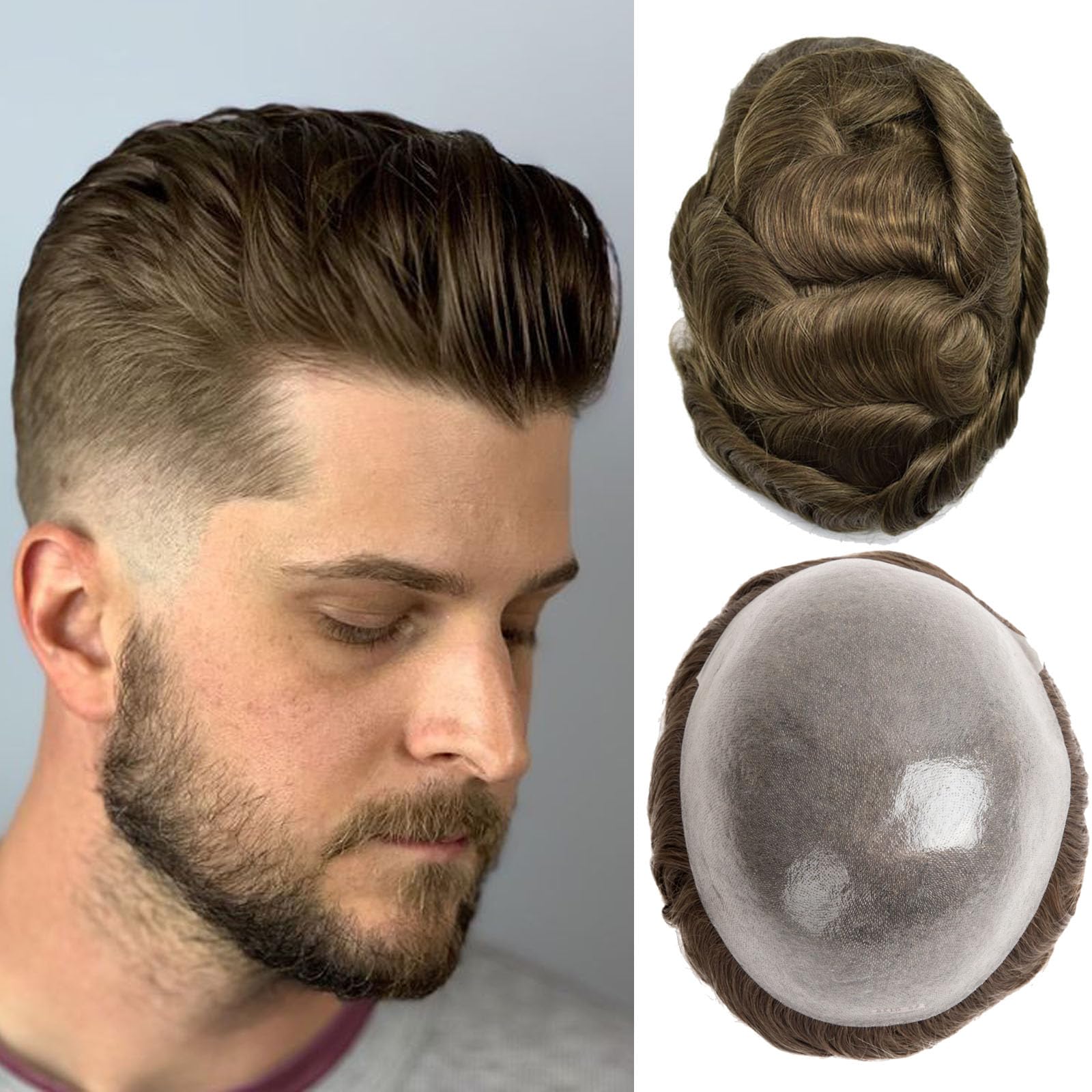 Ehairc Toupee for Men 0.04 Thin Skin Double Knots 100% Human Hair System for men wigs Men's Toupee Durable Men's Toupee Real Hair Base Size 8x10 Inch 120% Density #6