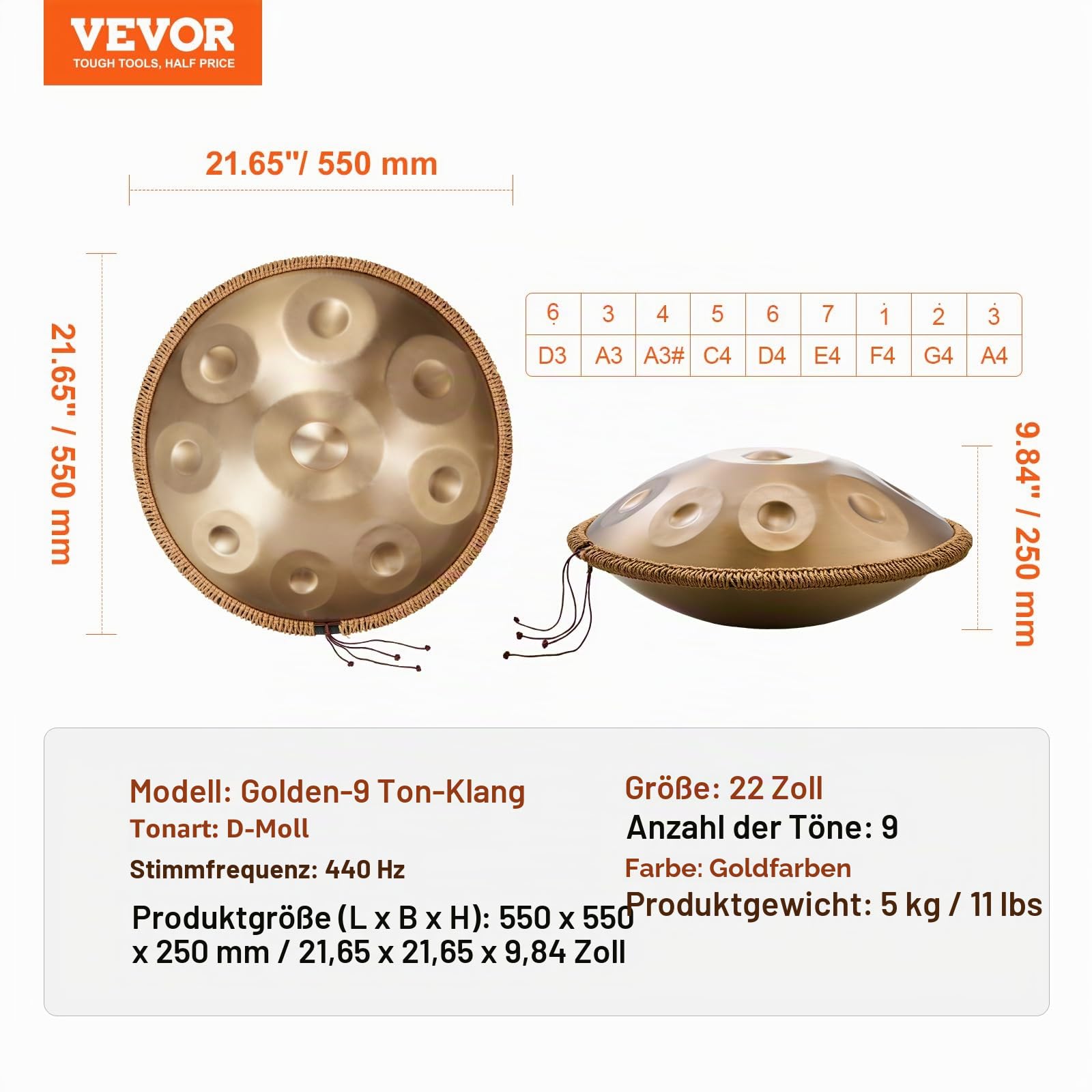 VEVOR Handpan, 55 cm, 9 Noten, D-Moll-Handtrommel, Drum-Instrument mit Schlägeln, 440-Hz-Handpan-Ständer & Tragetasche, Heilende Klangtrommel aus Stahl, Schlaginstrumente für Erwachsene & Anfänger