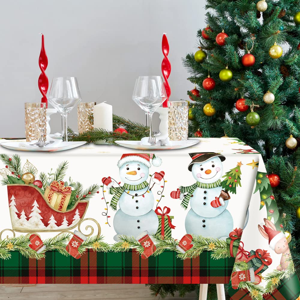 VuzvuvChristmas Tablecloth, Rectangle 82 * 59 Inch Red and Green Grid Snowman Table Cover Cloth for Christmas, Celebration, Invitation, Home Decoration and Family Dinner Party