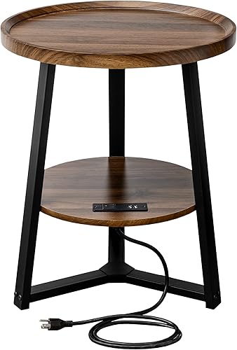 KJGKK Mesa auxiliar redonda con estación de carga, 19.7 pulgadas de diámetro x 23.63 pulgadas de alto, mesa auxiliar con estante de almacenamiento,