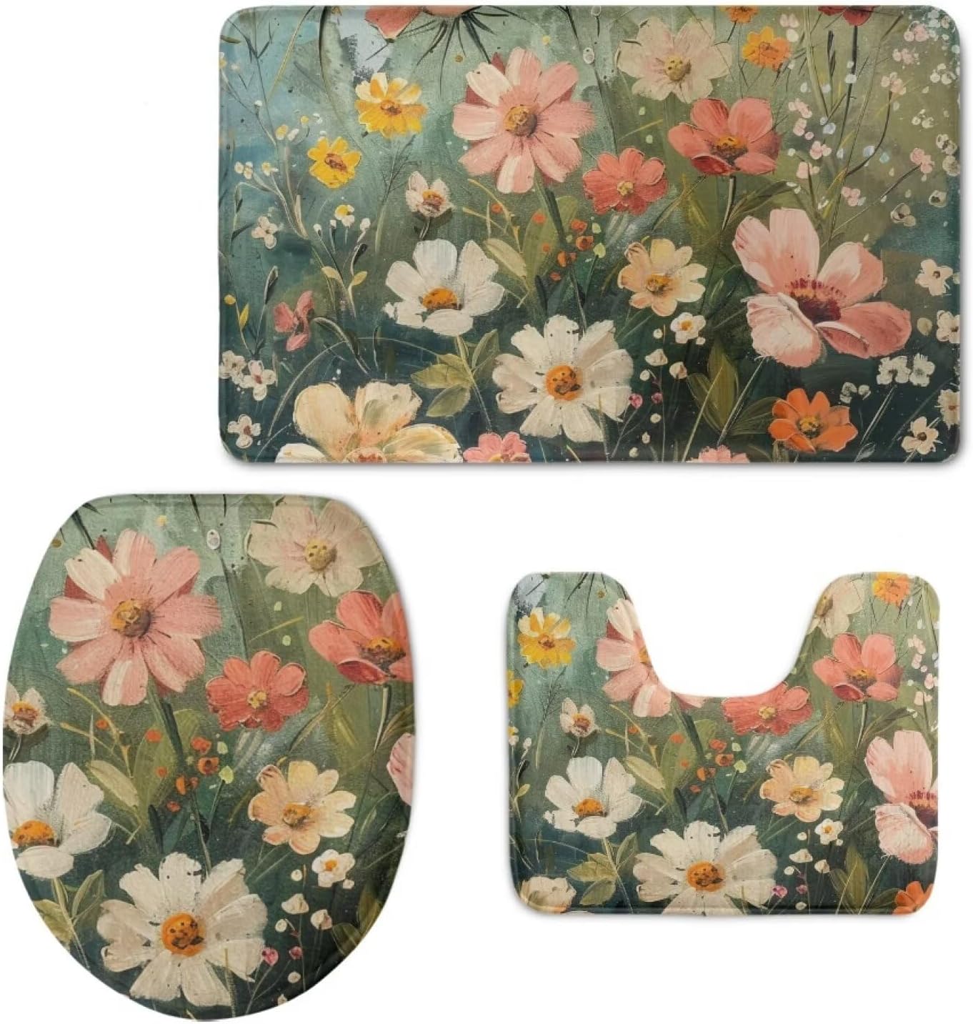 Floral Print Bathroom Rugs Sets 3 Piece Toilet Cover and Rug Set Toilet Seat Cover and Rug Set Toilet Lid Cover with Non-Slip Bottom Toilet Lid Cover Set with U-Shaped Rug