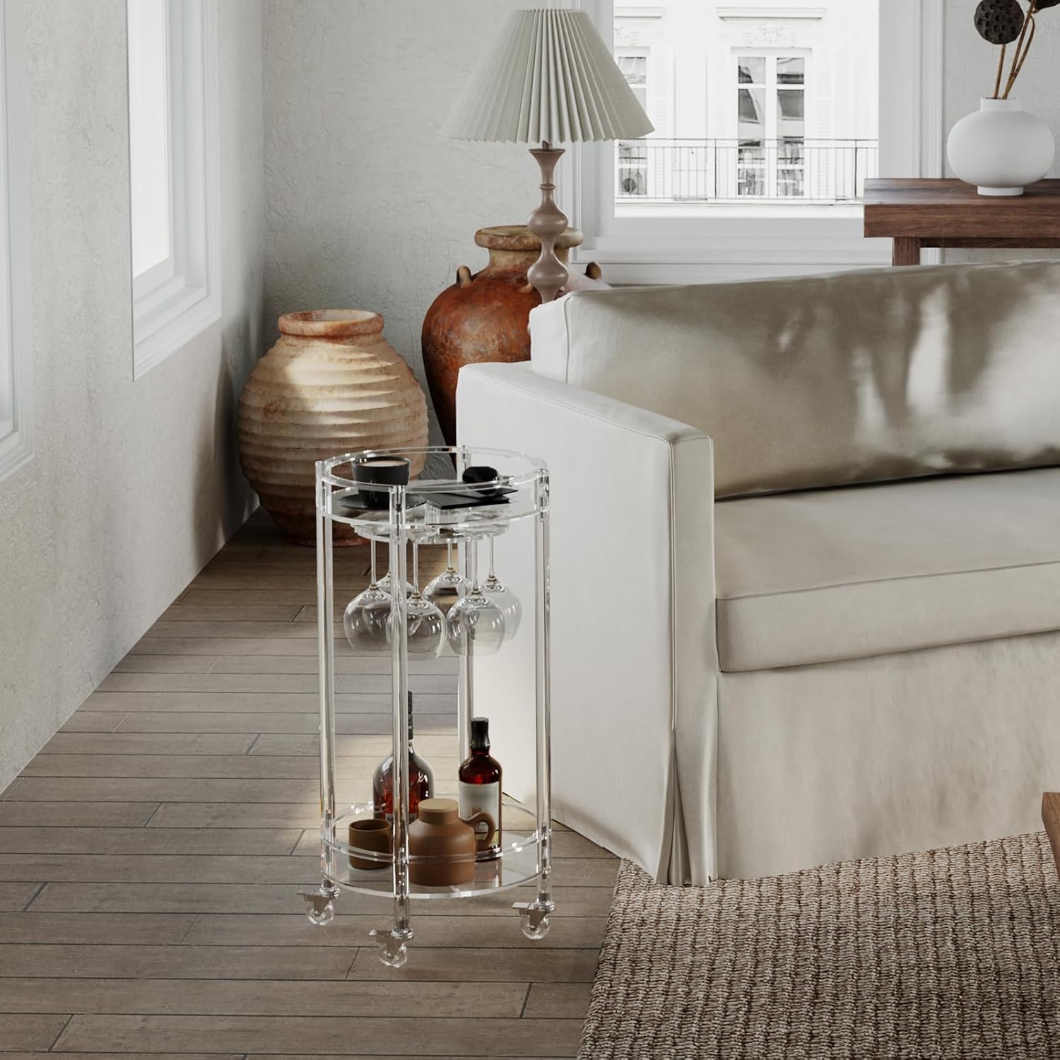 Eglaf Acrylic Bar Cart - Round Rolling Bar Cart - 2 Tiers Home Bar Serving Cart with Lockable Wheels, Glass Holders, for Bar, Living Room, Kitchen, 15.7" D x 15.7" W x 31.1" H, Clear