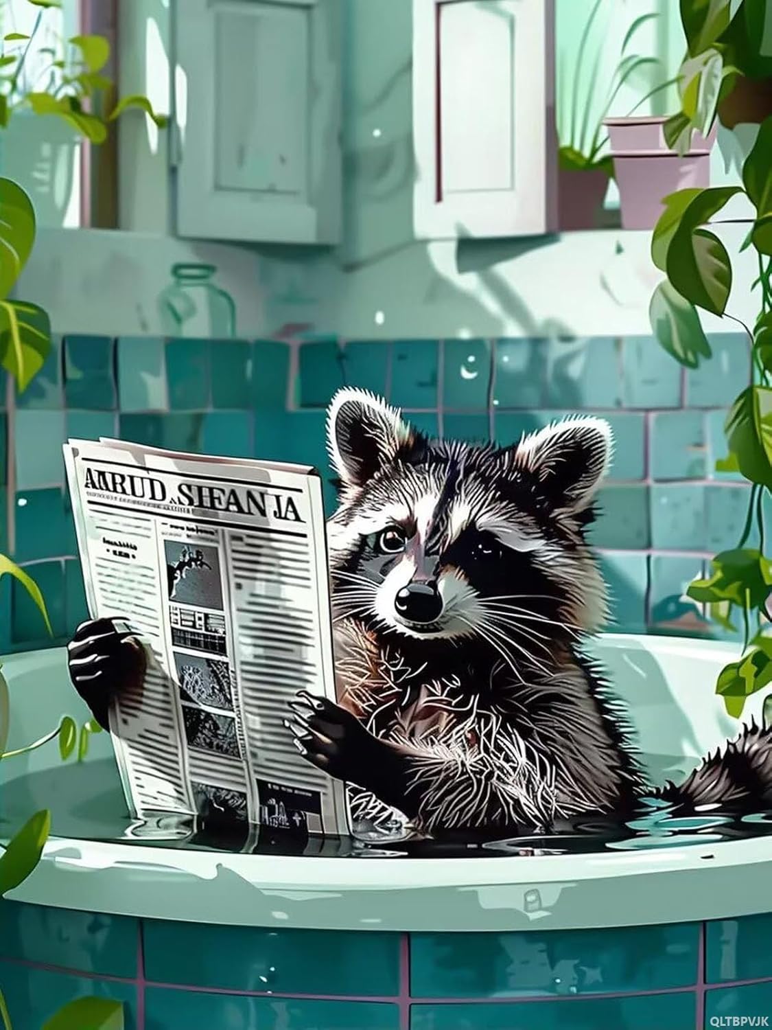 QLTBPVJK Raccoon Newspaper Bathtub Diamond Painting Kits for Adults, Animals Diamond Painting Art Kit for Adult, Full Drill Painting by Diamonds Art and Crafts for Home Wall Decor Gift 12x16 inch