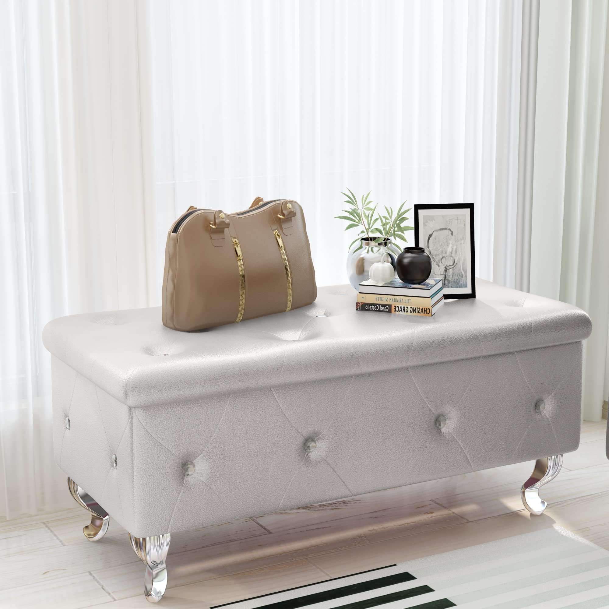 AWQM Upholstered Storage Ottoman, Luxury 37.4 Inch Storage Bench with Button Tufted and Safety Hinge, Flip Top Footrest Bench for Bedroom, Living Room and Entryway, Silver (Ottoman004)