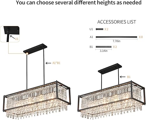 Miniatura 4 de LMQNINE Candelabro rectangular moderno para comedor, lámpara de cristal negro, lámpara lineal, lámpara de granja para isla de cocina, mesa de bar,
