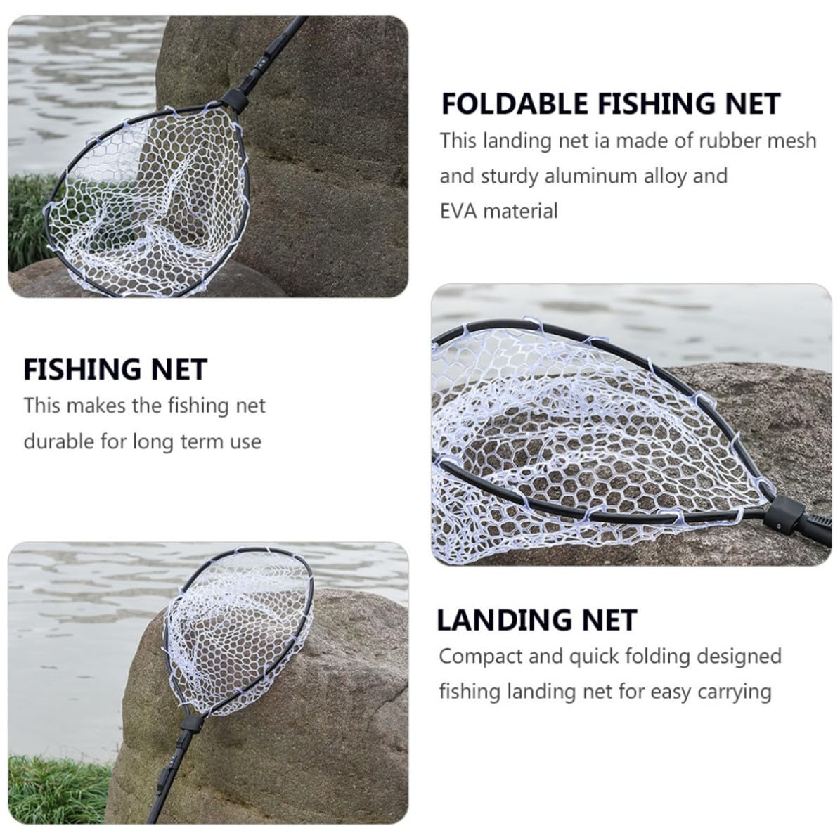 Red de Pesca Plegable de Aterrizaje Mango Telescópico Negro | Aleación de Aluminio, Malla de Goma y Eva, para Pesca en Río y Barco, Formato Clásico