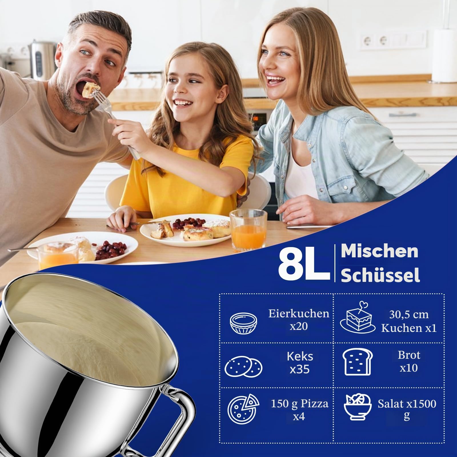 küchenmaschine 1500W 8L Knetmaschine 6 Geschwindigkeit Fermentationsfunktion+LCD knetmaschine mit Rührbesen, Knethaken, Schlagbesen