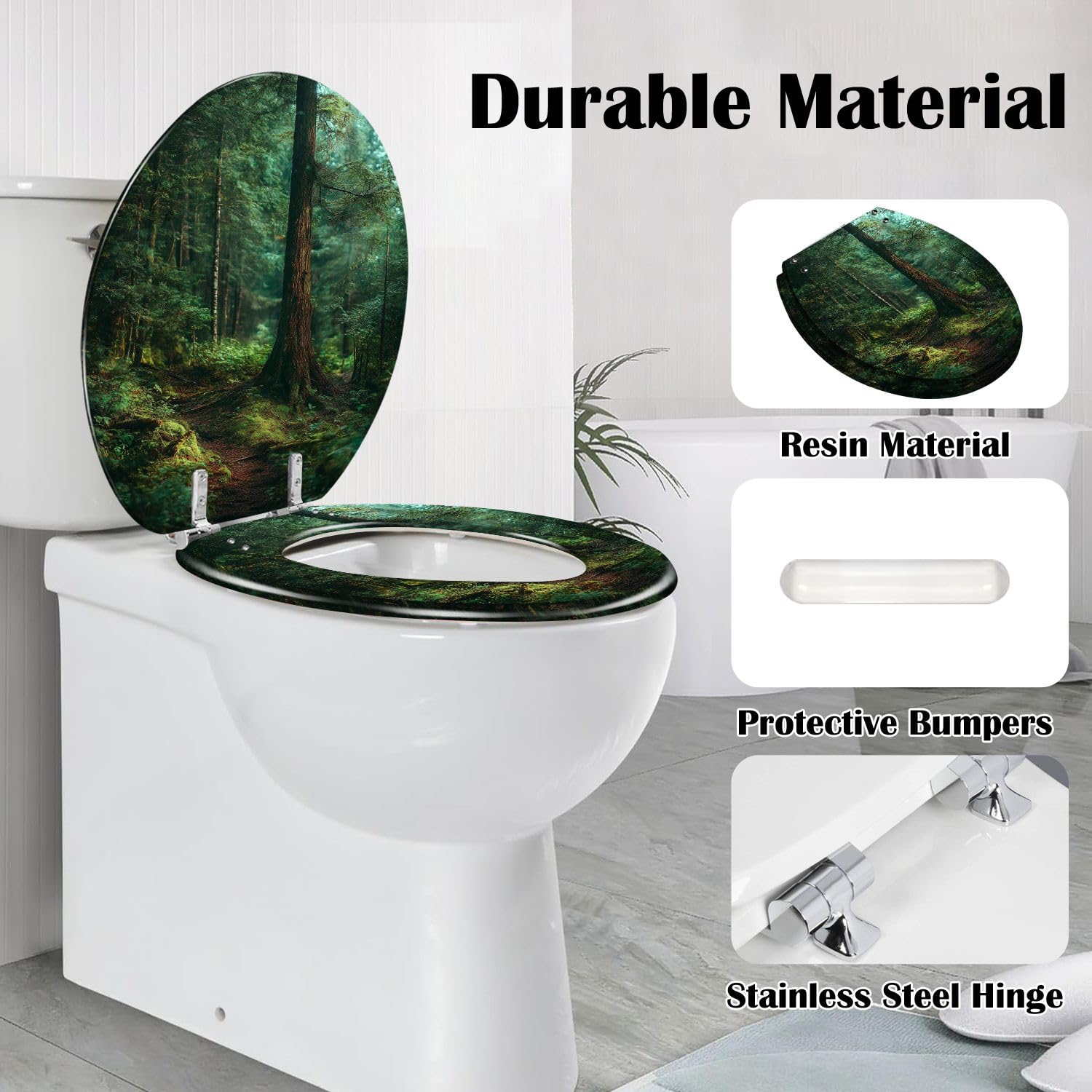 Abattant de toilette rond en résine vert foncé, motif forêt moussue et sentier envahi par la végétation. Fermeture lente et silencieuse grâce à des charnières à dégagement rapide. Couvercle