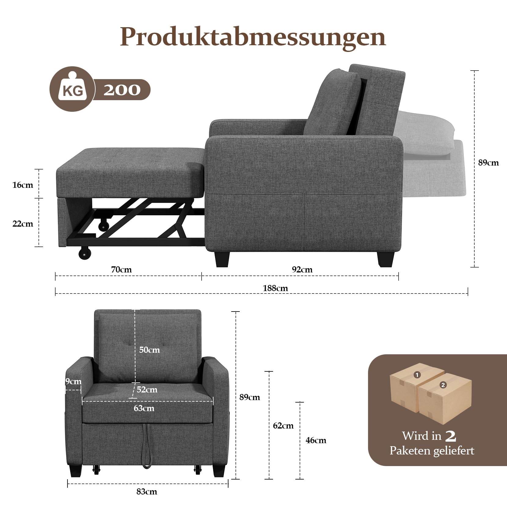 Vesgantti Schlafsessel mit Bettfunktion 3-in-1 Ausziehbares Schlafsofa Umwandelbarer Stuhl Bett Verstellbarer Einzelsessel mit Seitentasche, für kleinen Raum, Dunkelgrau