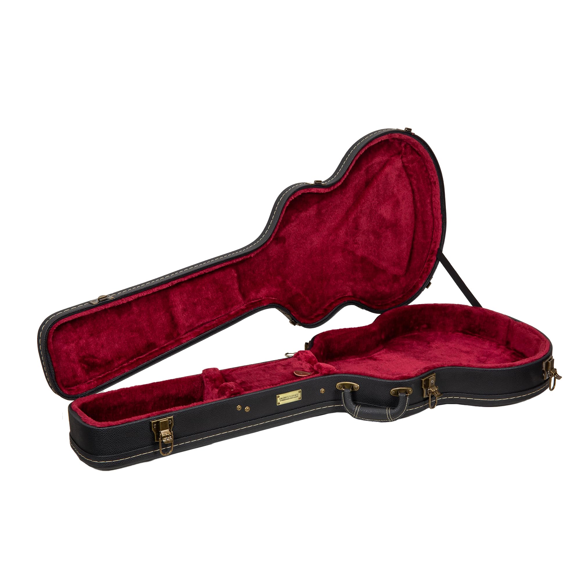 Condition photo showing New/Like New for crossrock wooden guitar case -fits 335 style 6 strings semi-hollow electric guitars -vintage hardware, sponge lining, metal feet, storage space-black (crw520sabk)
