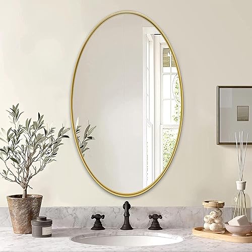 Miniatura 2 de Espejo de pared ovalado, espejo de baño plateado arena con marco de metal, superficie de arena mejorada, espejo ovalado plateado de 22 x 30 pulgadas