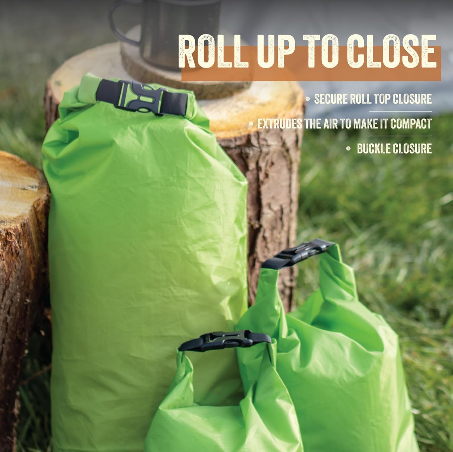 Milestone Camping Waterproof Dry Bags / Single Bag Or Set Of 3 / Roll Up Close / Easy To Spot Bright Green Or Orange Design / Great For Camping, Fishing, Skiing & Hiking Trips